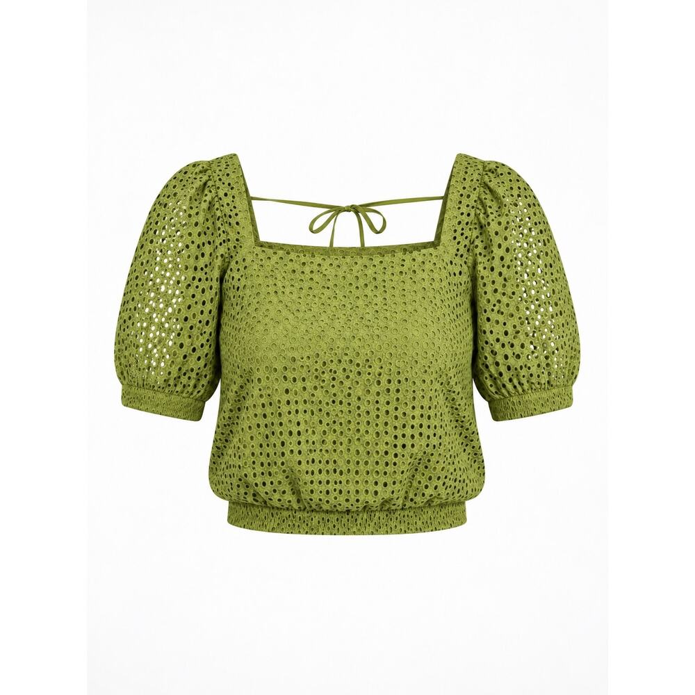Everlane The Eyelet Puff Sleeve Top Green Cotton Square Neck Broderie Blouse
